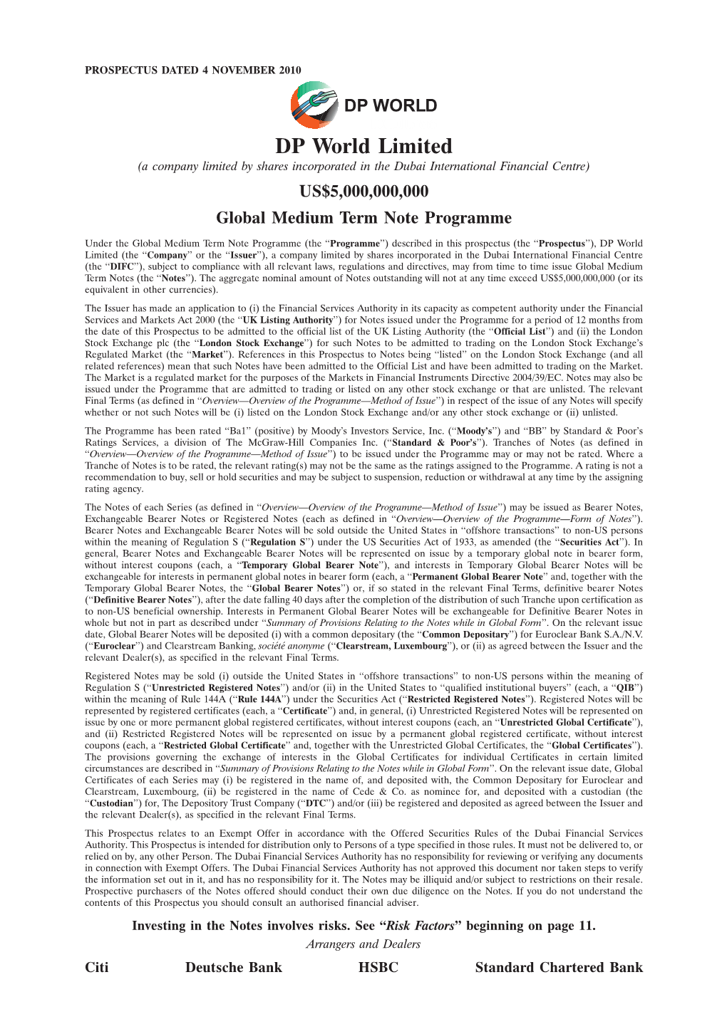 DP World Limited (A Company Limited by Shares Incorporated in the Dubai International Financial Centre) US$5,000,000,000 Global Medium Term Note Programme