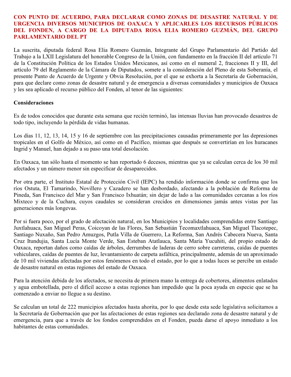 15.- Ppa Declarar Como Zonas De Desastre Natural Y De