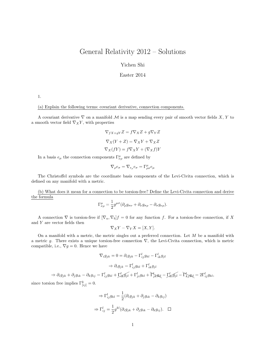 General Relativity 2012 – Solutions