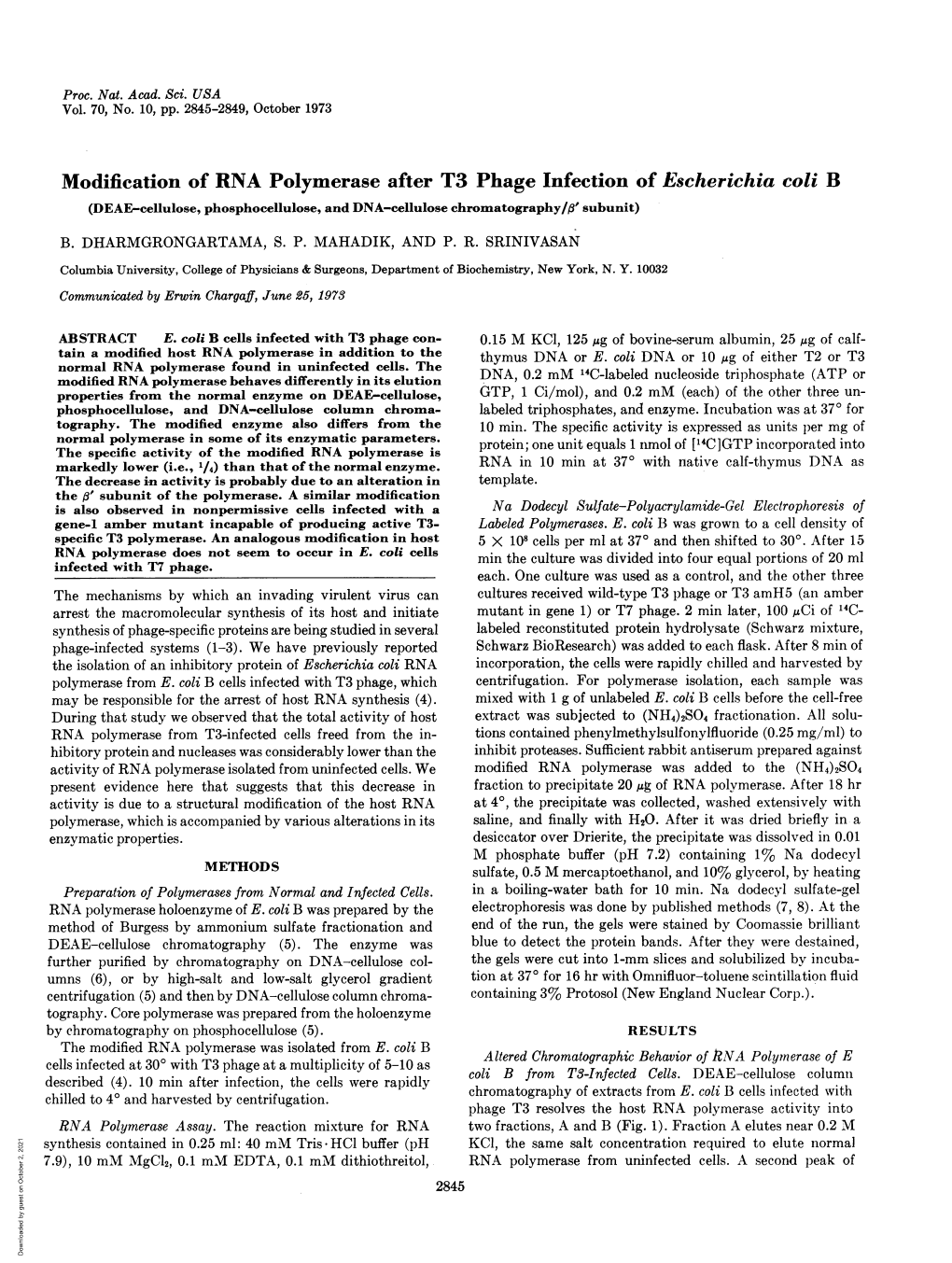 Modification of RNA Polymerase After T3 Phage Infection of Escherichia Coli B (DEAE-Cellulose, Phosphocellulose, and DNA-Cellulose Chromatography/H' Subunit)