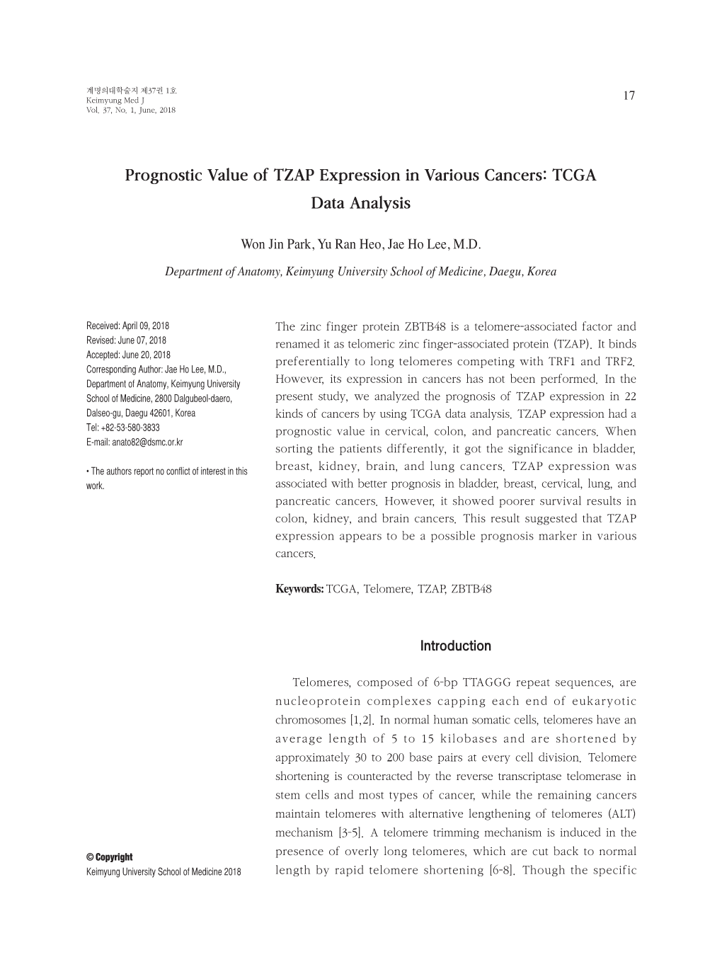 Prognostic Value of TZAP Expression in Various Cancers: TCGA Data Analysis