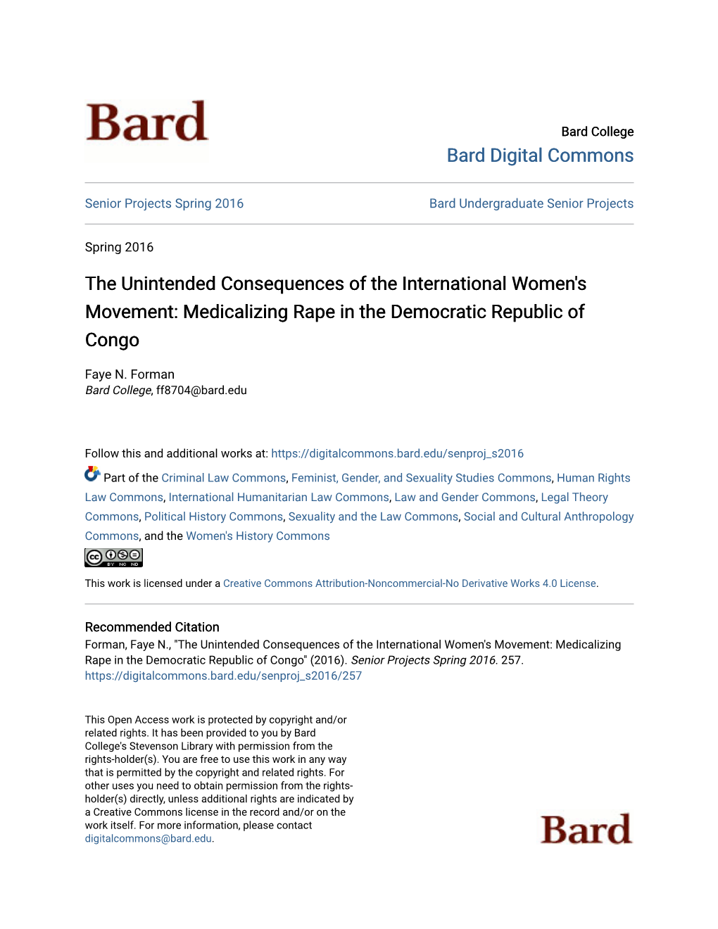 The Unintended Consequences of the International Women's Movement: Medicalizing Rape in the Democratic Republic of Congo