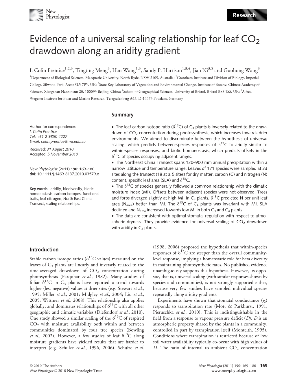 Evidence of a Universal Scaling Relationship for Leaf CO2 Drawdown Along an Aridity Gradient