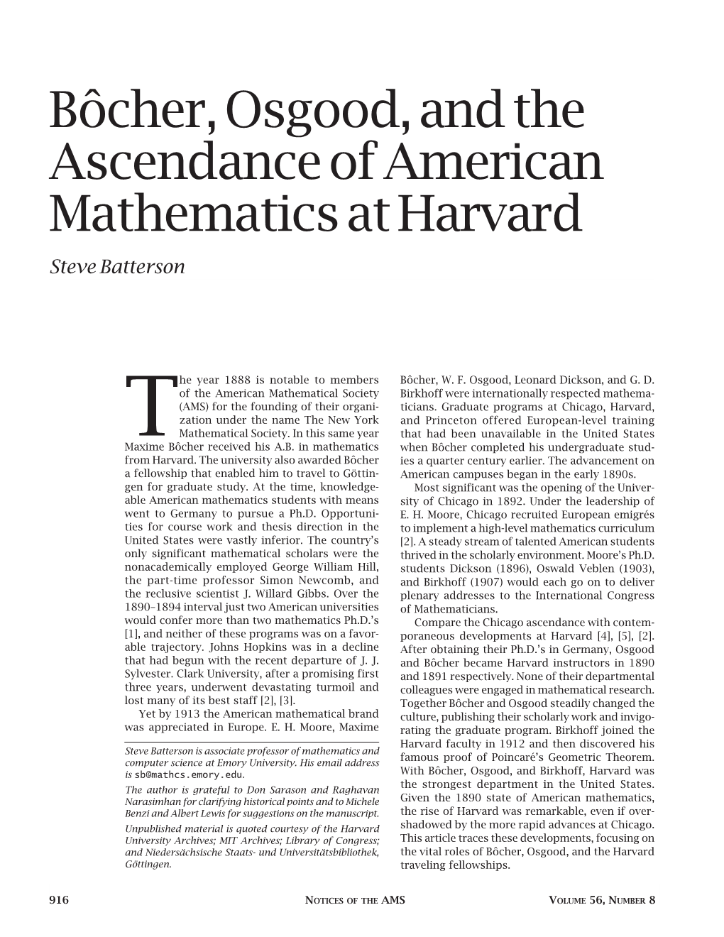 Bôcher, Osgood, and the Ascendance of American Mathematics at Harvard Steve Batterson