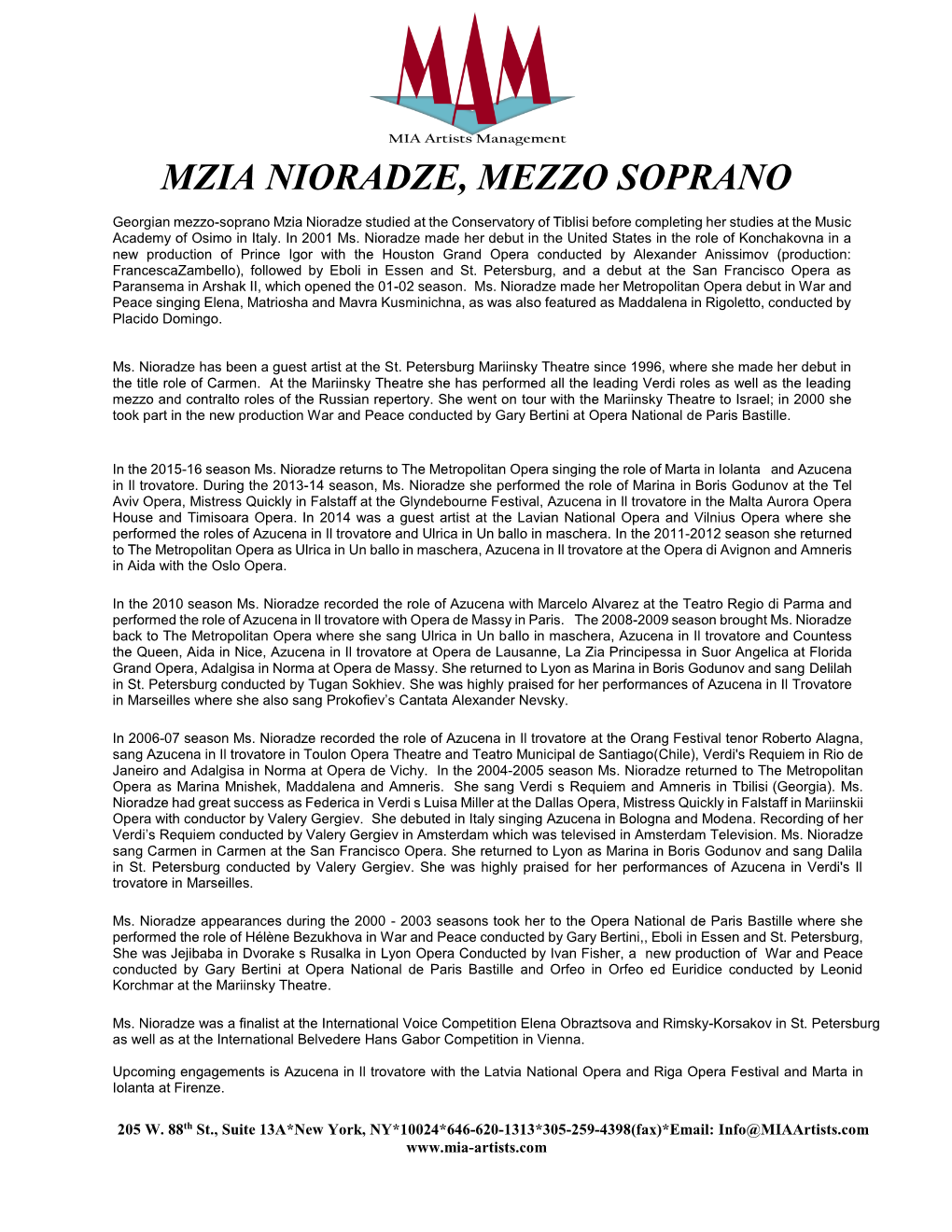 Mzia Nioradze, Mezzo Soprano