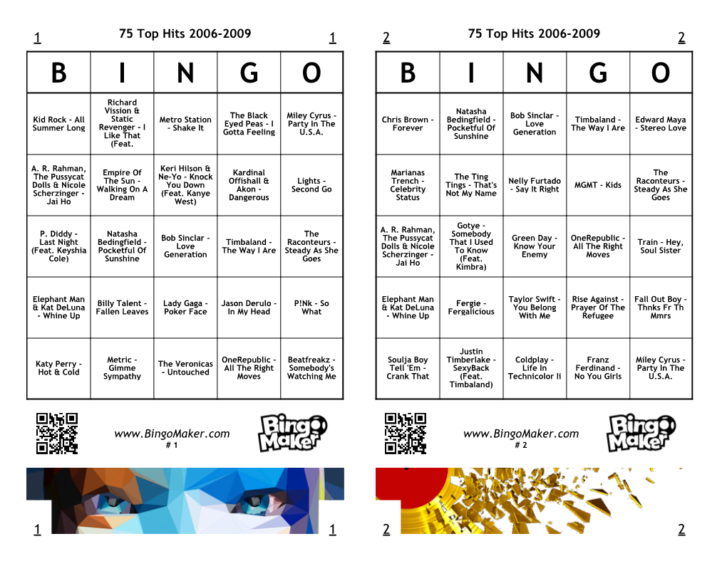 Top Hits from 2006 to 2009 Bingo Cards