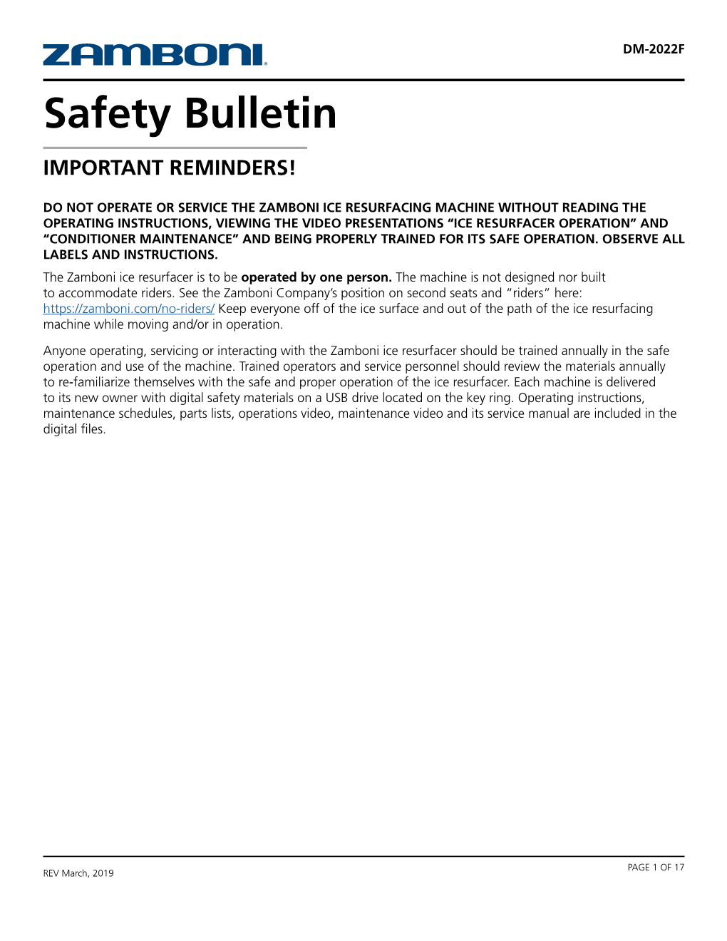 Safety Bulletin IMPORTANT REMINDERS!