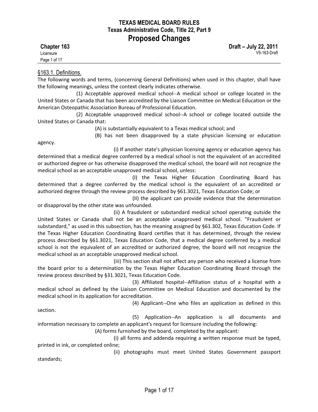 Chapter 163 Draft – July 22, 2011 Licensure V5-163-Draft Page 1 of 17