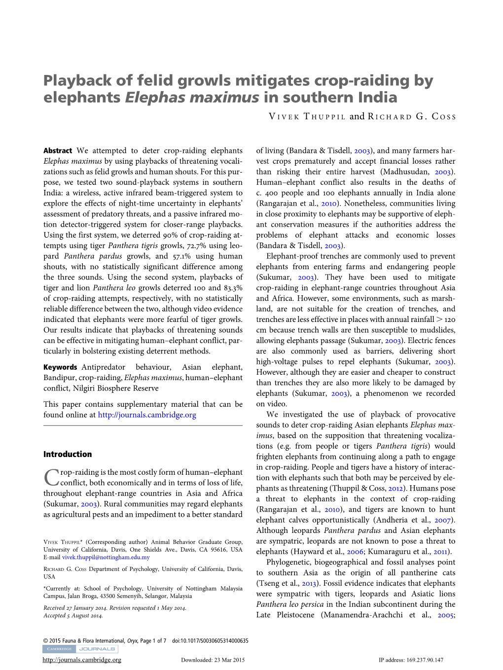 Playback of Felid Growls Mitigates Crop-Raiding by Elephants Elephas Maximus in Southern India