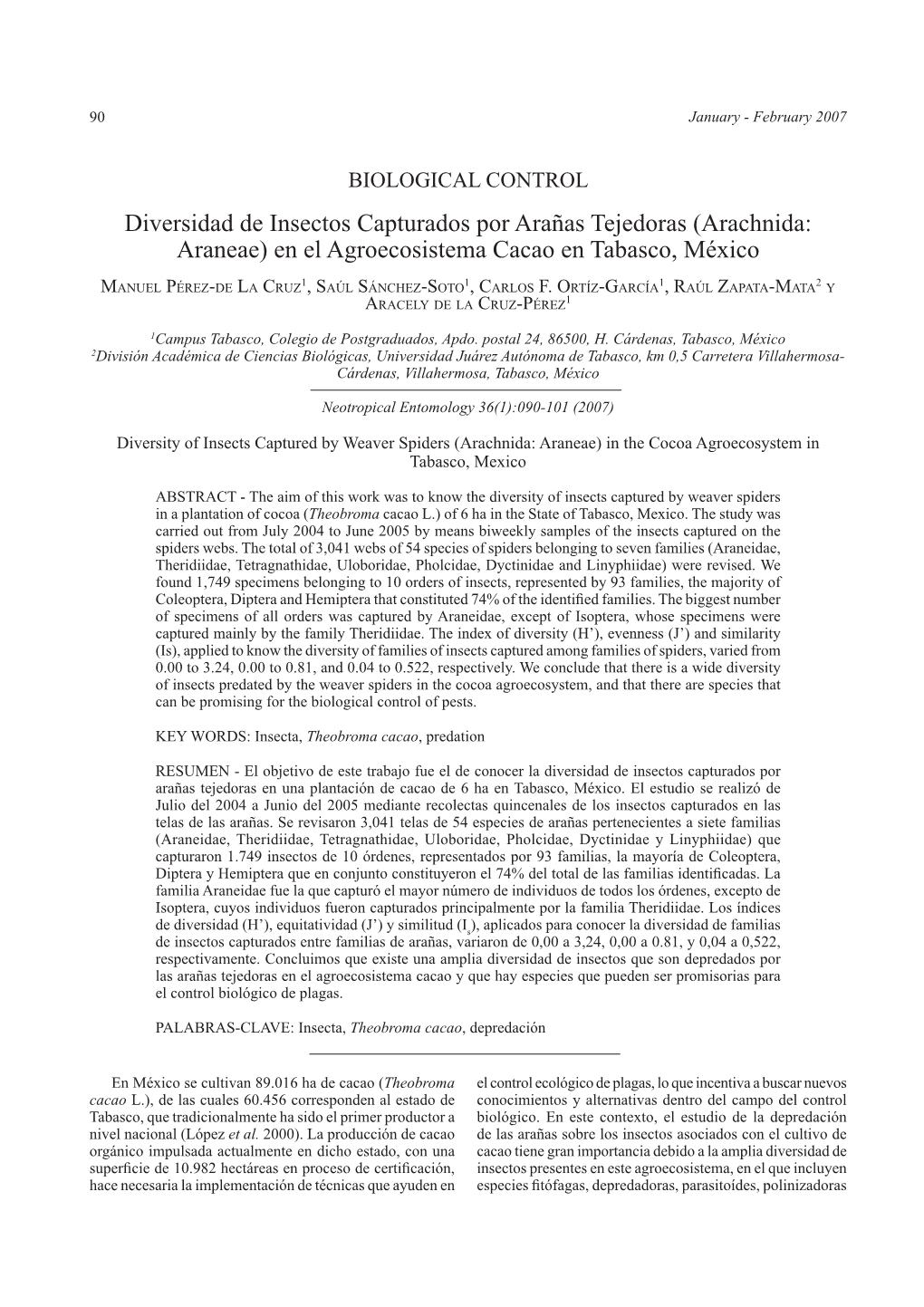Diversidad De Insectos Capturados Por Arañas Tejedoras (Arachnida: Araneae) En El Agroecosistema Cacao En Tabasco, México