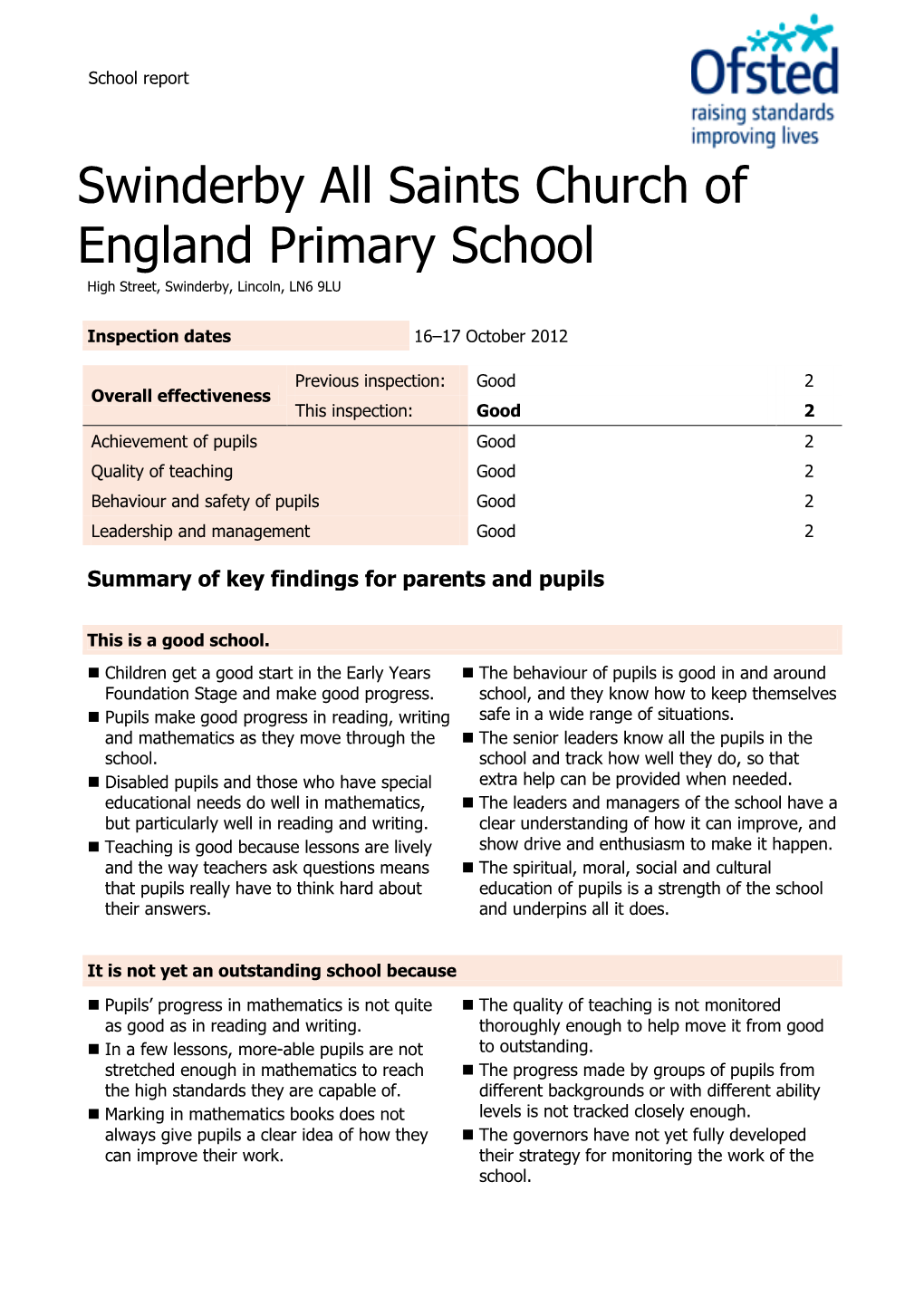 Inspection Report: Swinderby All Saints Church of England Primary School, 16–17 October 2012 2 of 10