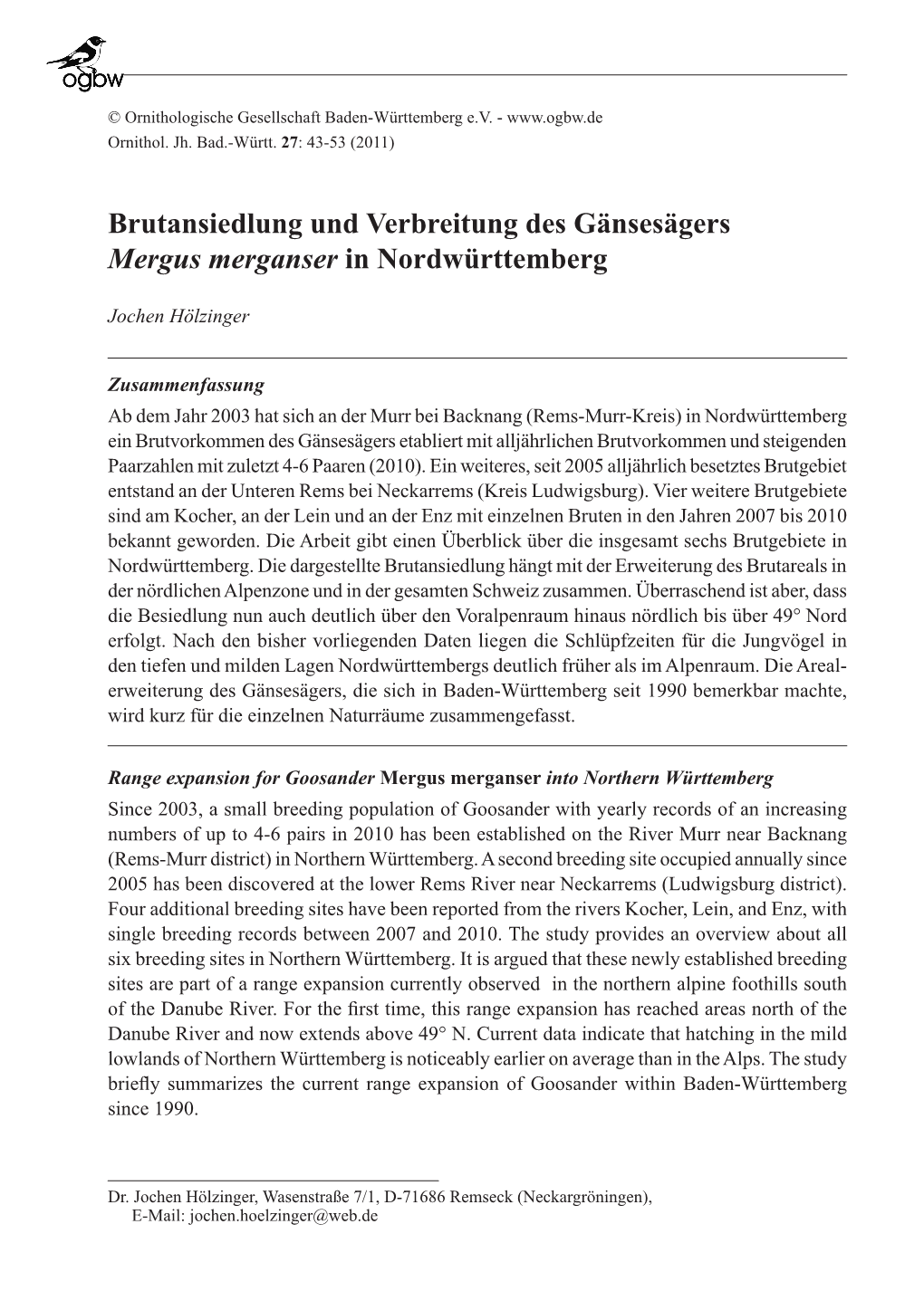 Brutansiedlung Und Verbreitung Des Gänsesägers Mergus Merganser in Nordwürttemberg