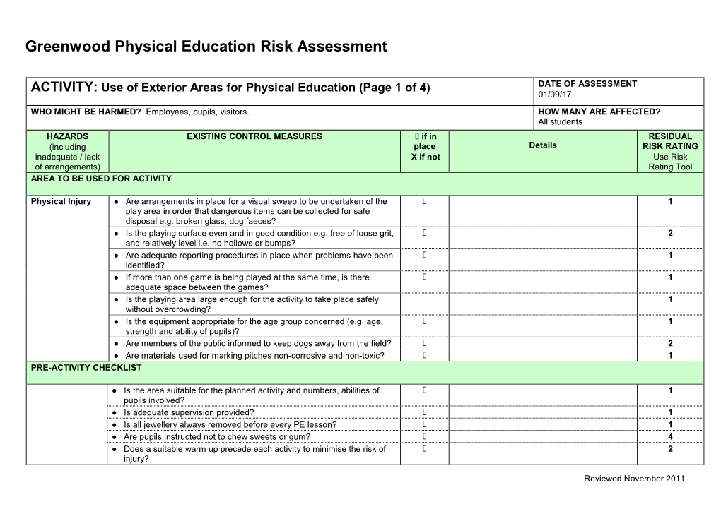 Greenwood Physical Education Risk Assessment