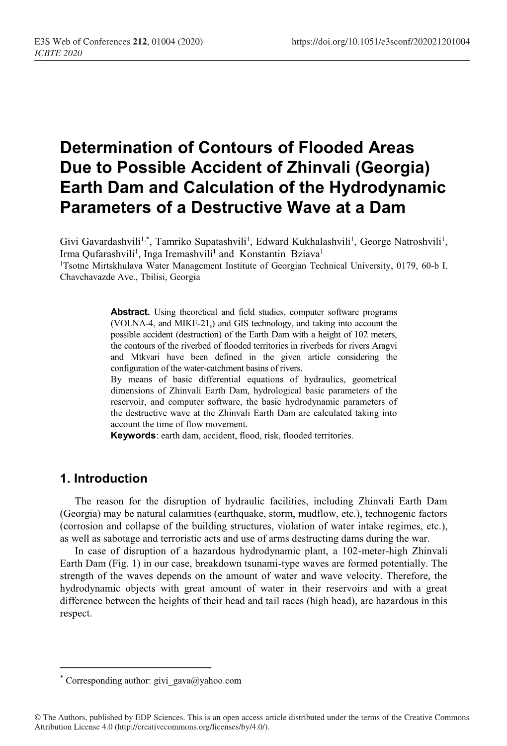 Georgia) Earth Dam and Calculation of the Hydrodynamic Parameters of a Destructive Wave at a Dam