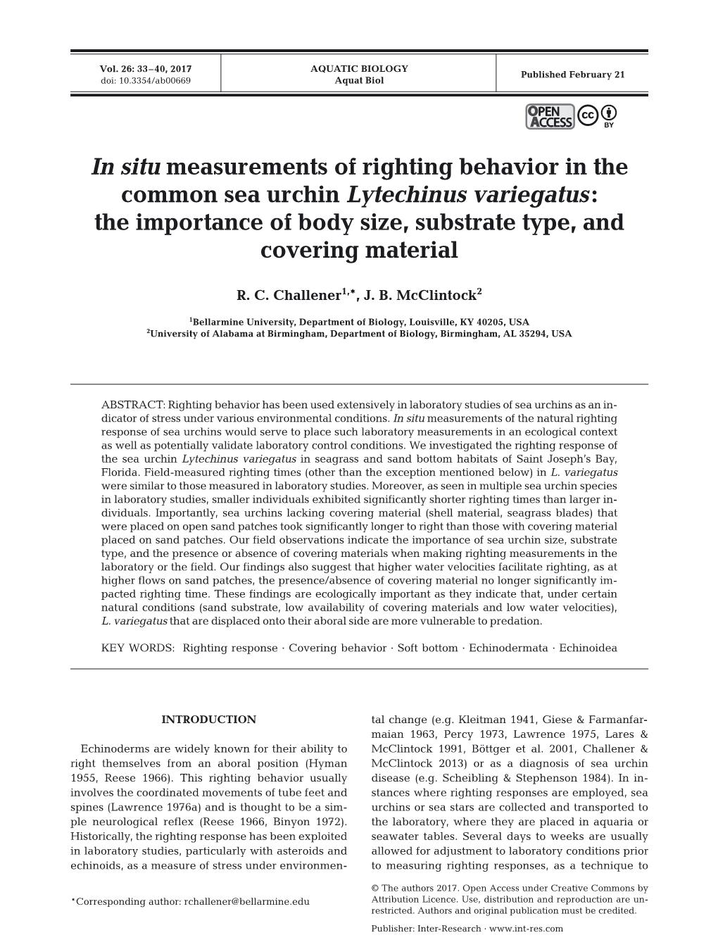 In Situ Measurements of Righting Behavior in the Common Sea Urchin Lytechinus Variegatus: the Importance of Body Size, Substrate Type, and Covering Material