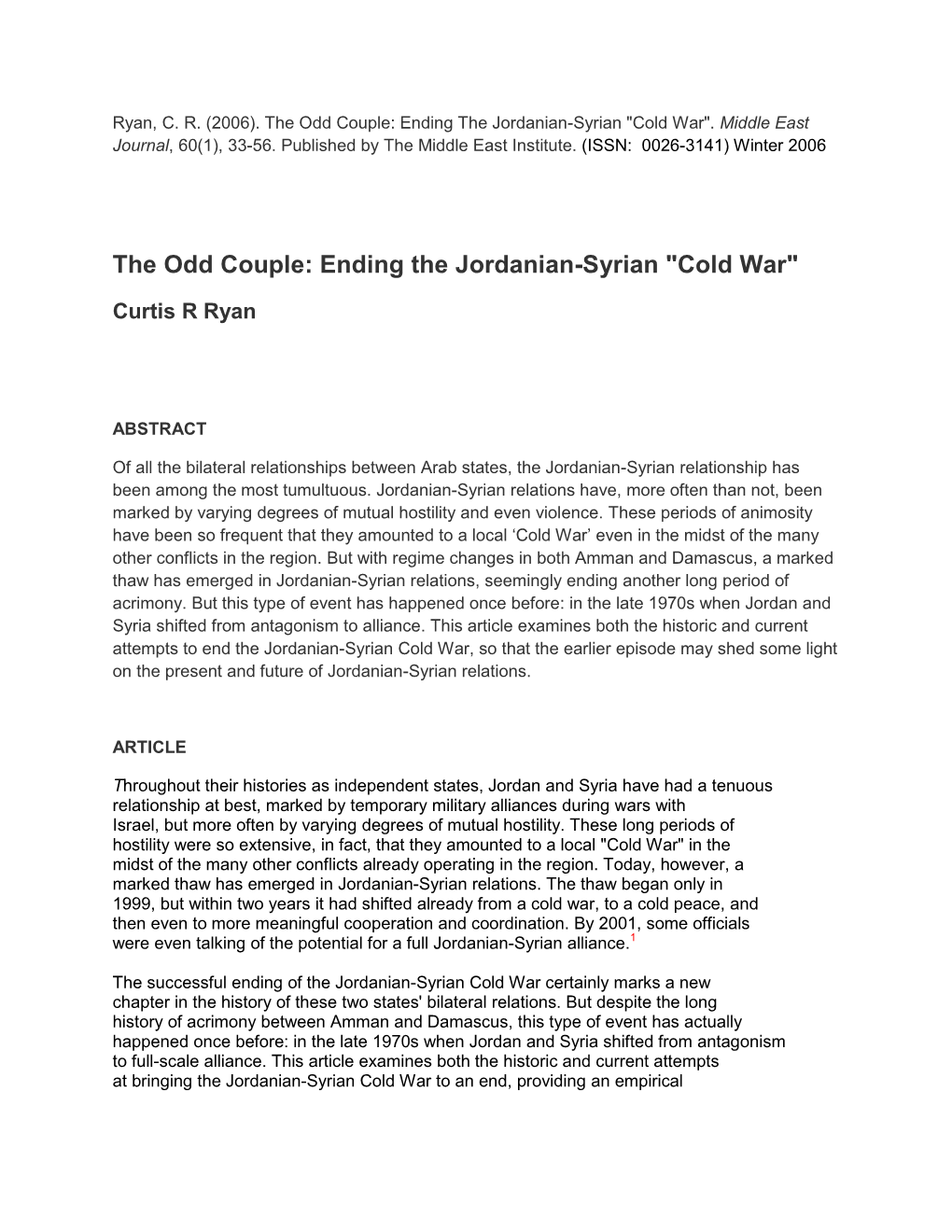 The Odd Couple: Ending the Jordanian-Syrian 