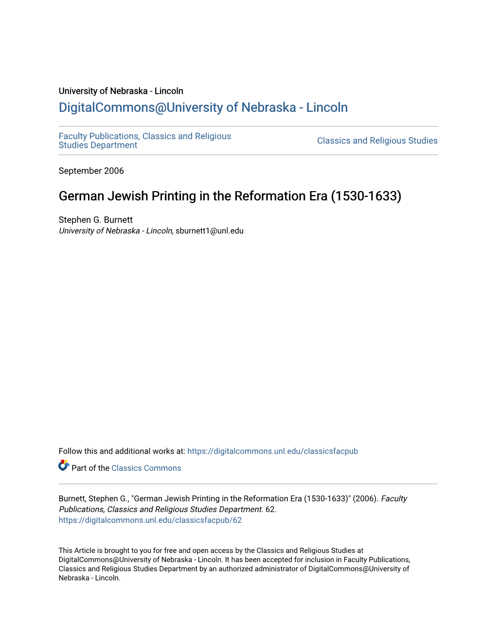 German Jewish Printing in the Reformation Era (1530-1633)