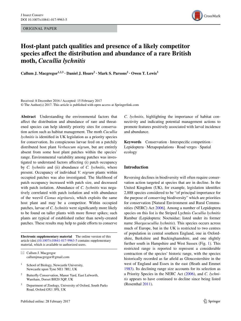 Host-Plant Patch Qualities and Presence of a Likely Competitor Species Affect the Distribution and Abundance of a Rare British Moth, Cucullia Lychnitis