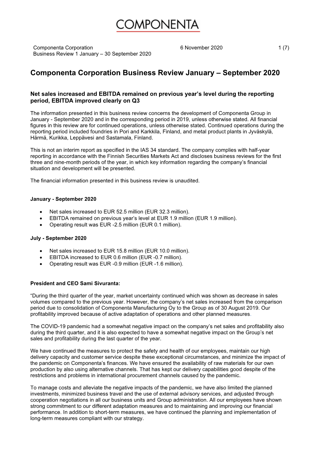 Componenta Corporation Business Review January – September 2020