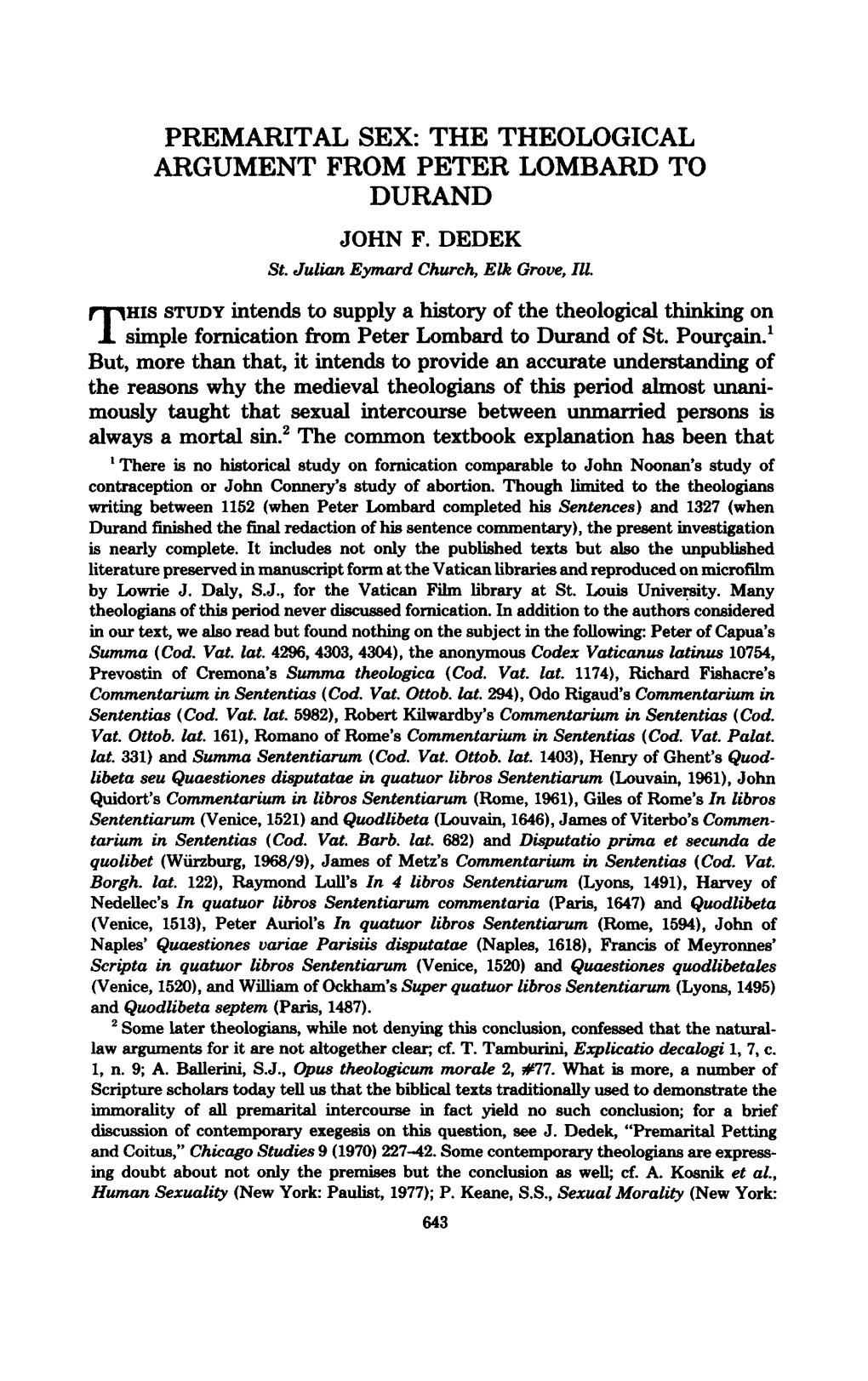Premarital Sex: the Theological Argument from Peter Lombard to Durand John F