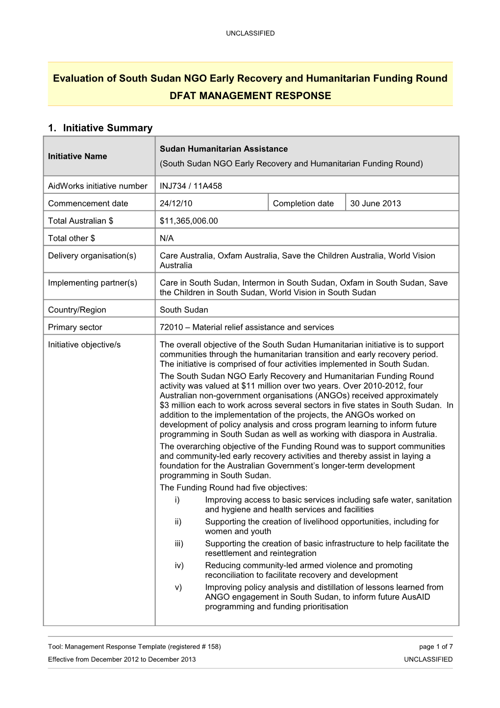 Evaluation of South Sudan NGO Early Recovery and Humanitarian Funding Round