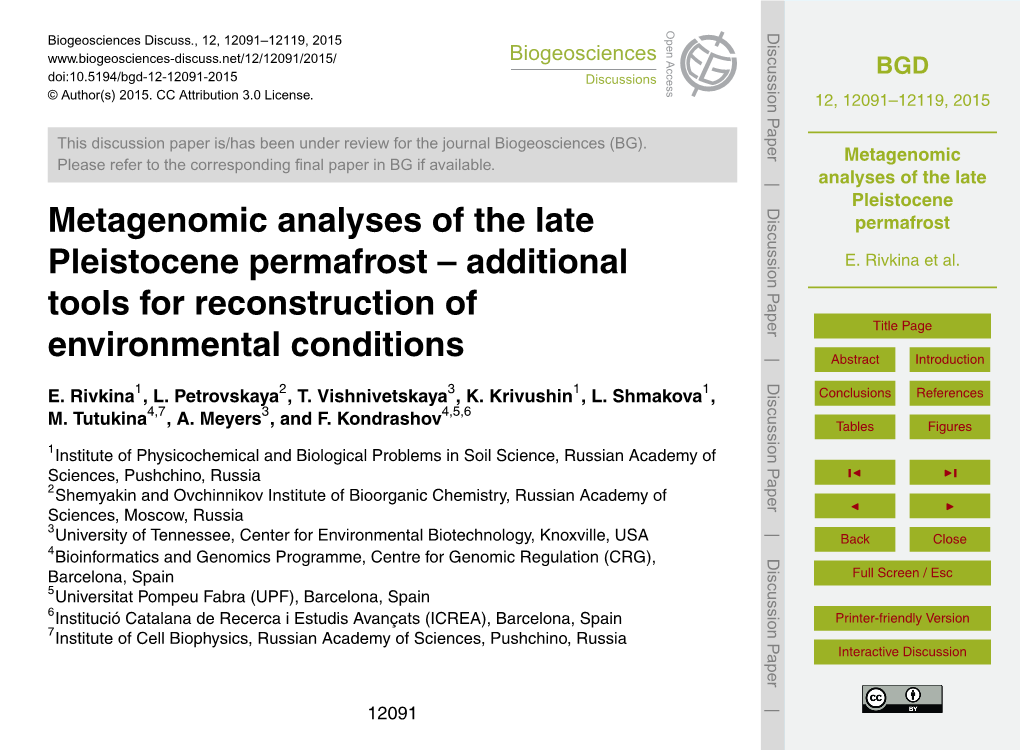 Metagenomic Analyses of the Late Pleistocene Permafrost