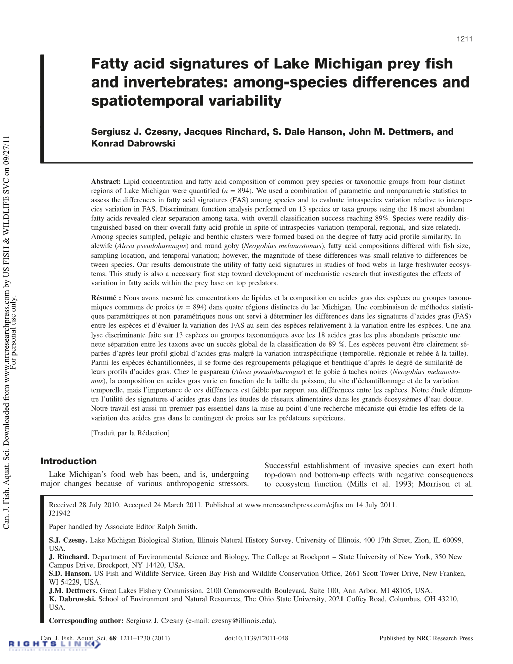 Fatty Acid Signatures of Lake Michigan Prey Fish and Invertebrates: Among-Species Differences and Spatiotemporal Variability