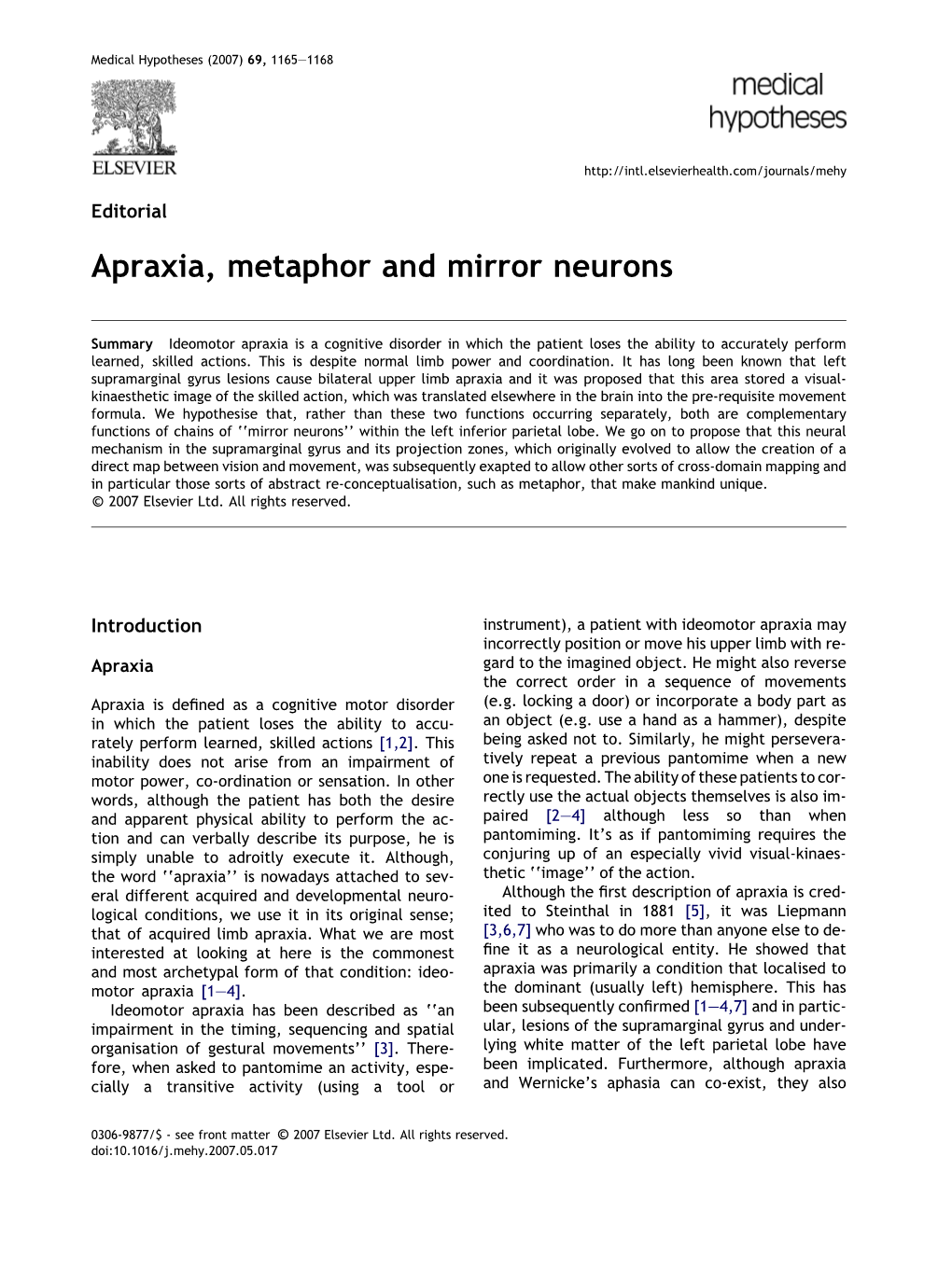 Apraxia, Metaphor and Mirror Neurons