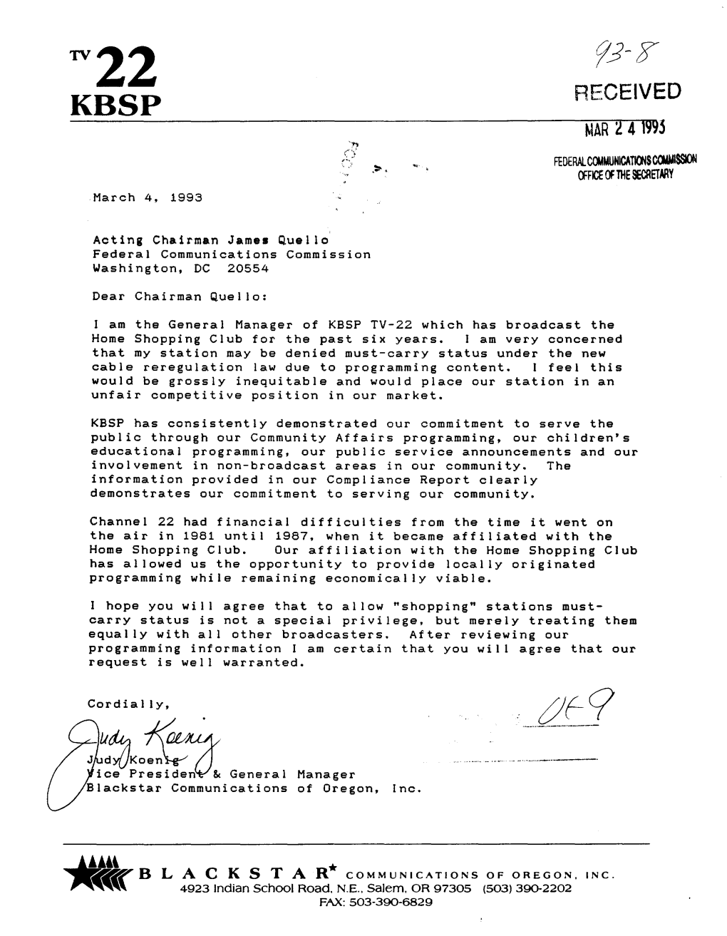 RECEIVED MAR 24 1993 -, Federalc(MMUNICA~Scqwlsslon Mice of the SECRETARY March 4, 1993