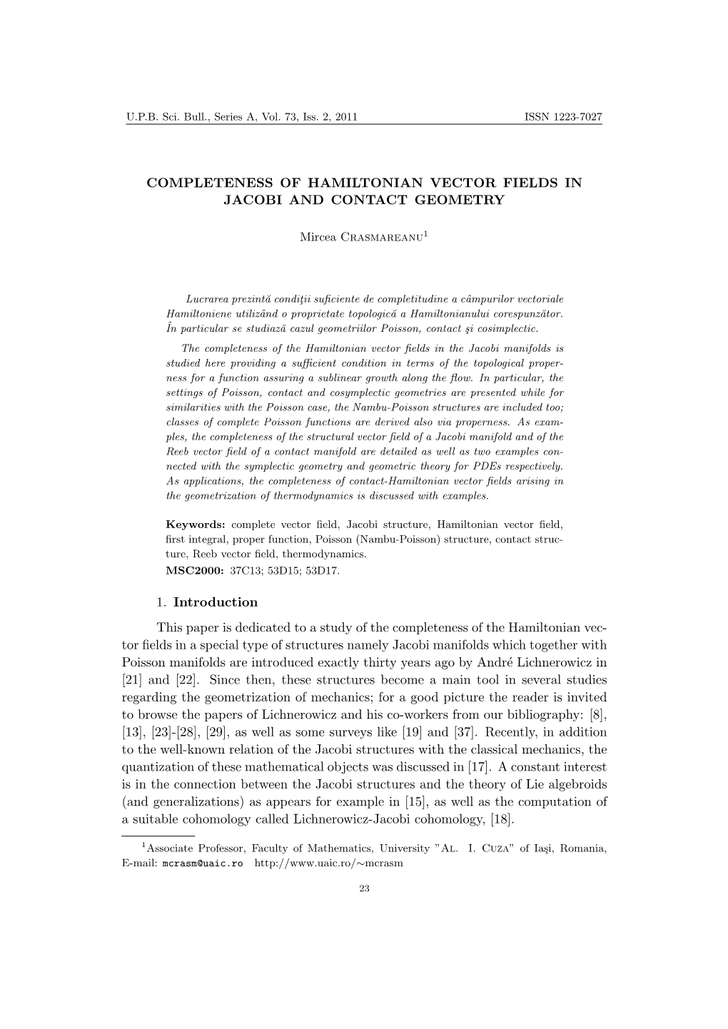 Completeness of Hamiltonian Vector Fields in Jacobi and Contact Geometry