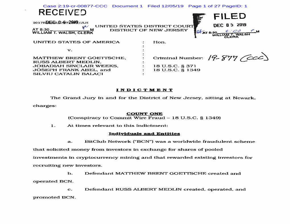 RECERIED R FILED 201 7R06€6JOJ%F2D4G/JLH K UNITED STATES DISTRICT COUR Deciib 1019 AT8:30______DISTRICTOFNEWJERSEY WILLIAMT.WALSH,CLERK CLERK