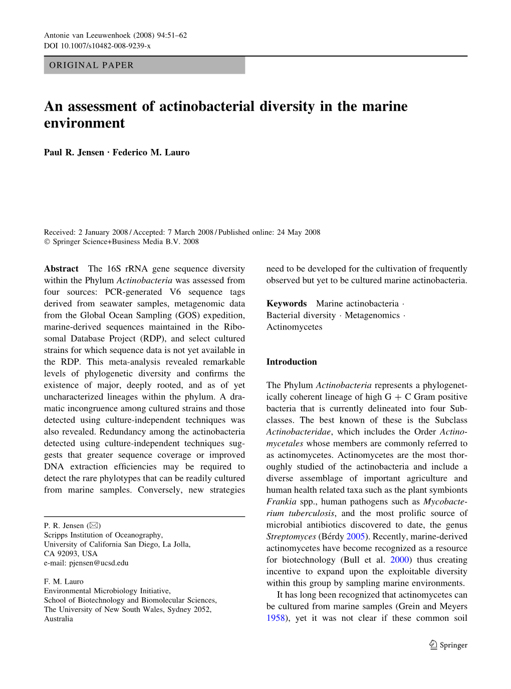 An Assessment of Actinobacterial Diversity in the Marine Environment