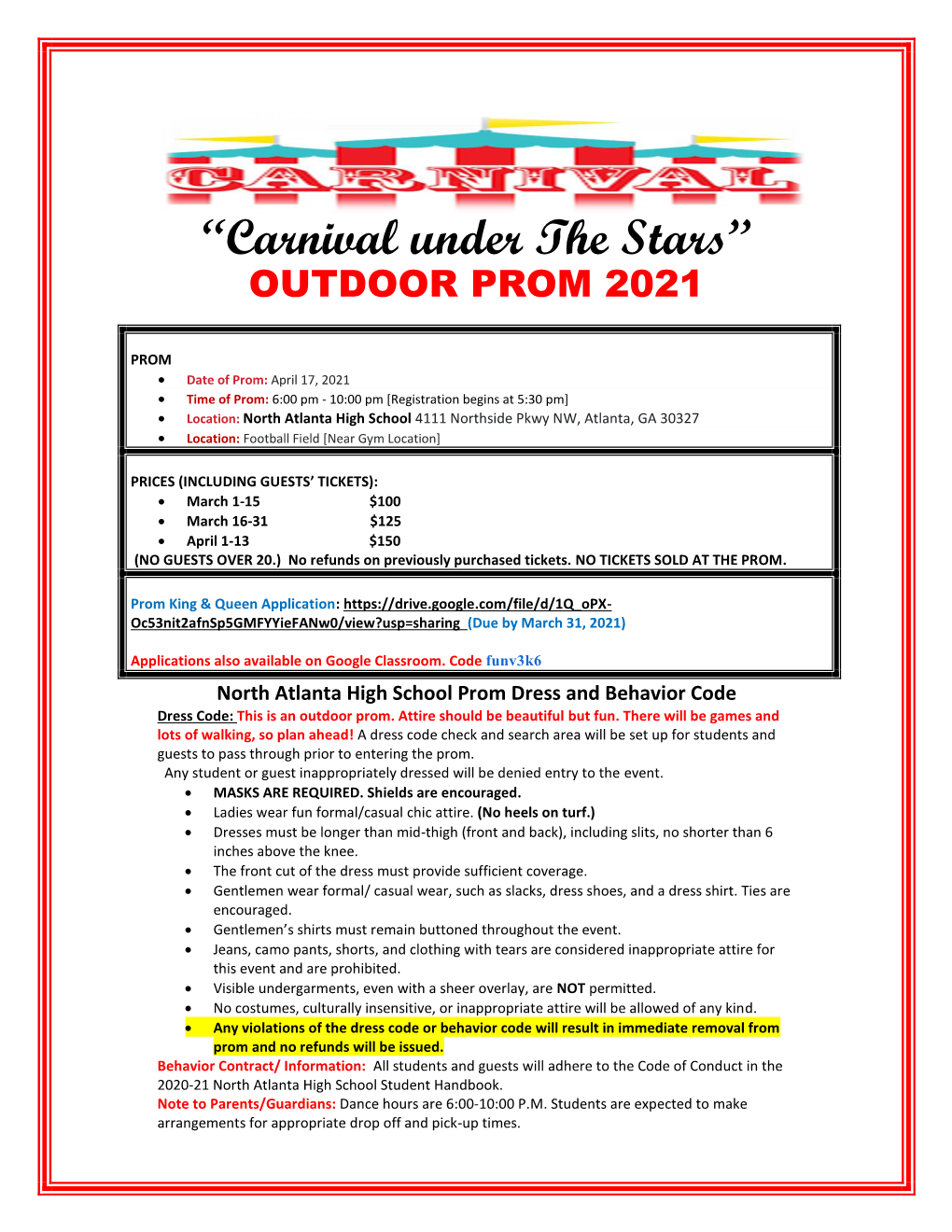 “Carnival Under the Stars” OUTDOOR PROM 2021