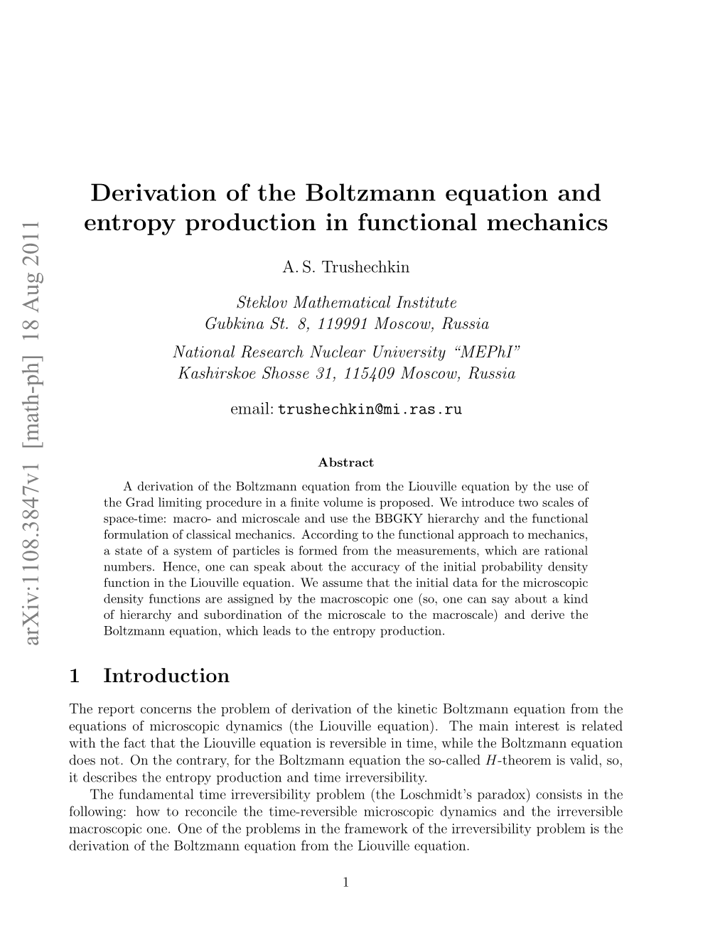 Derivation of the Boltzmann Equation and Entropy Production in Functional