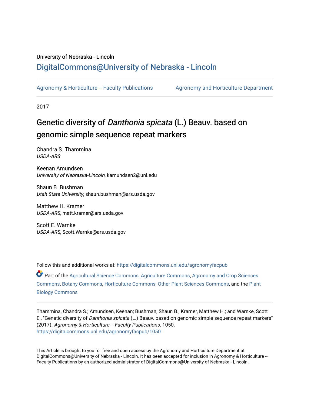 Genetic Diversity of <I>Danthonia Spicata</I>