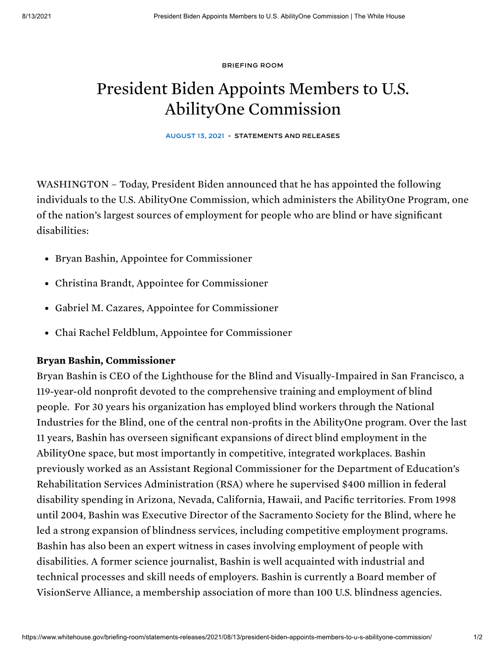 President Biden Appoints Members to U.S. Abilityone Commission | the White House