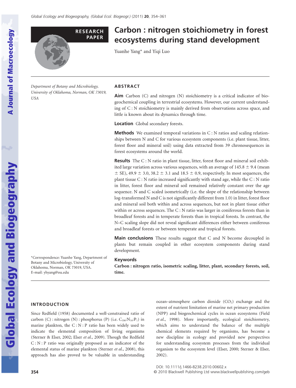 Carbon:Nitrogen Stoichiometry in Forest Ecosystems During Stand