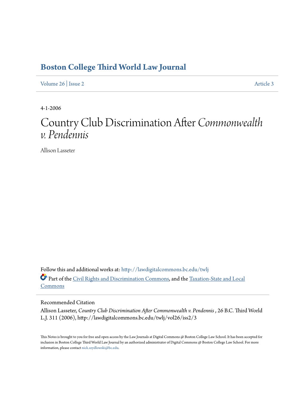 Country Club Discrimination After Commonwealth V. Pendennis Allison Lasseter