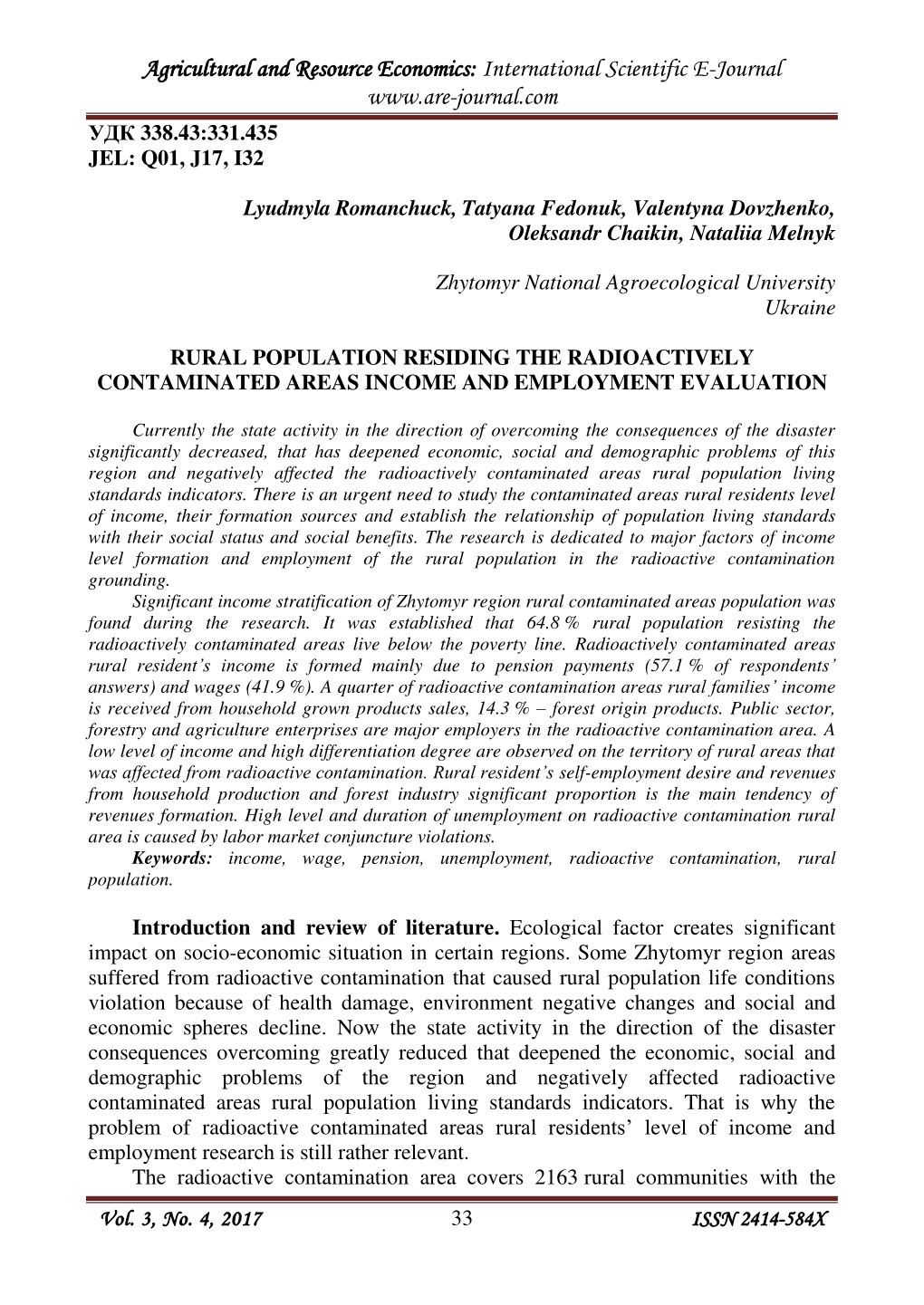 Agricultural and Resource Economics: International Scientific E-Journal Ɍⱦʉ 338.43:331.435 JEL: Q01, J17, I32