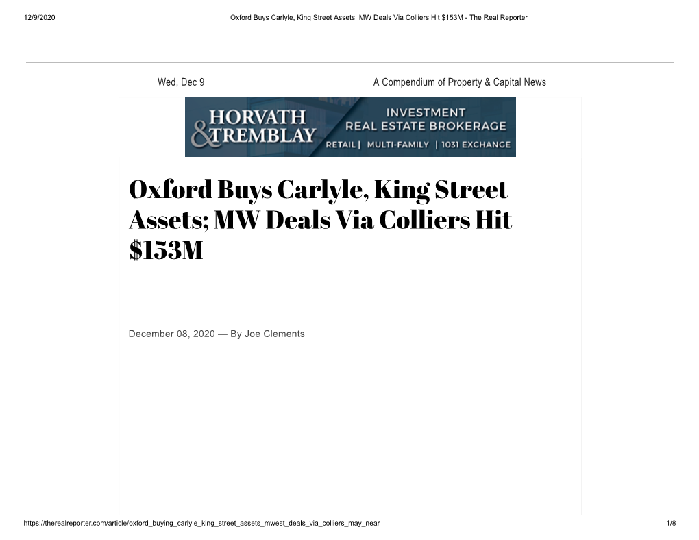 Oxford Buys Carlyle, King Street Assets; MW Deals Via Colliers Hit $153M - the Real Reporter