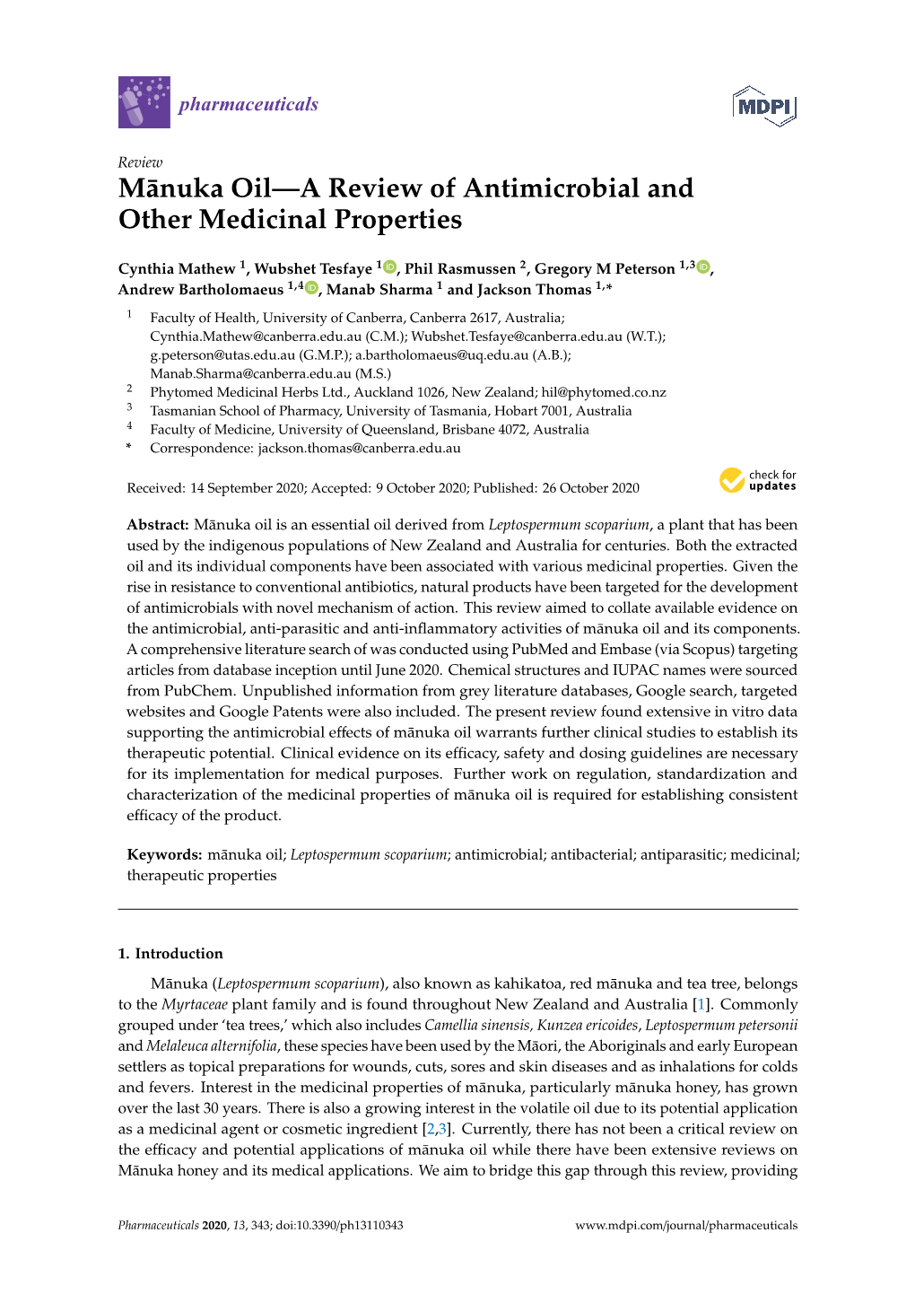 Mānuka Oil—A Review of Antimicrobial and Other Medicinal