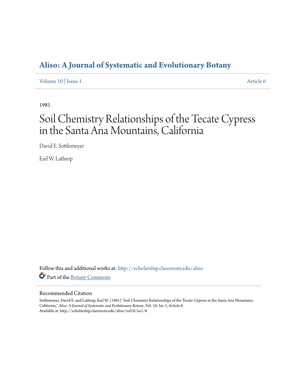 Soil Chemistry Relationships of the Tecate Cypress in the Santa Ana Mountains, California David E