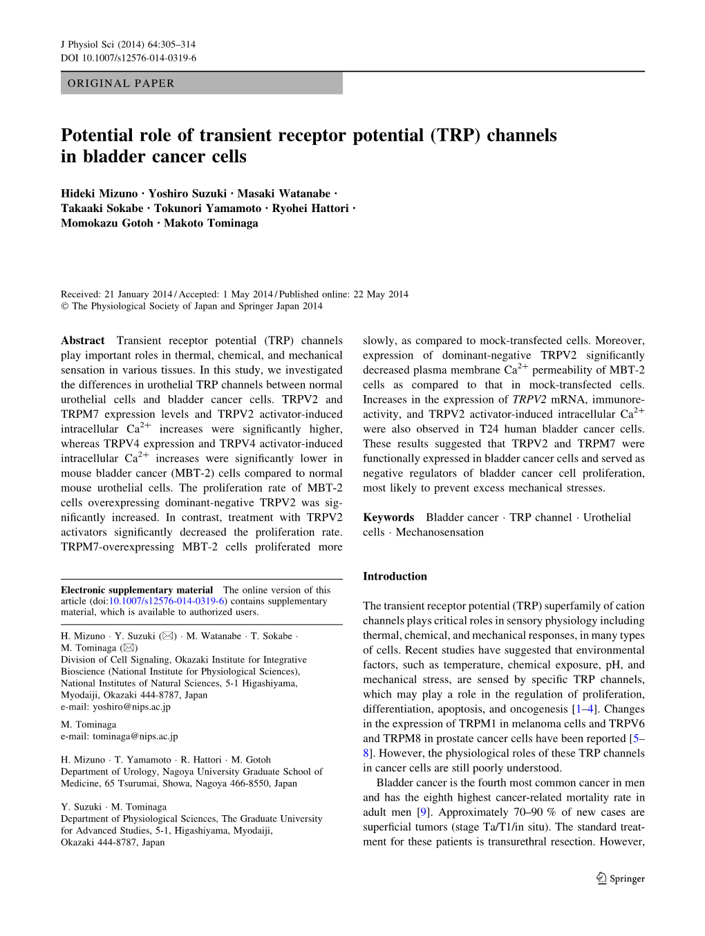 (TRP) Channels in Bladder Cancer Cells