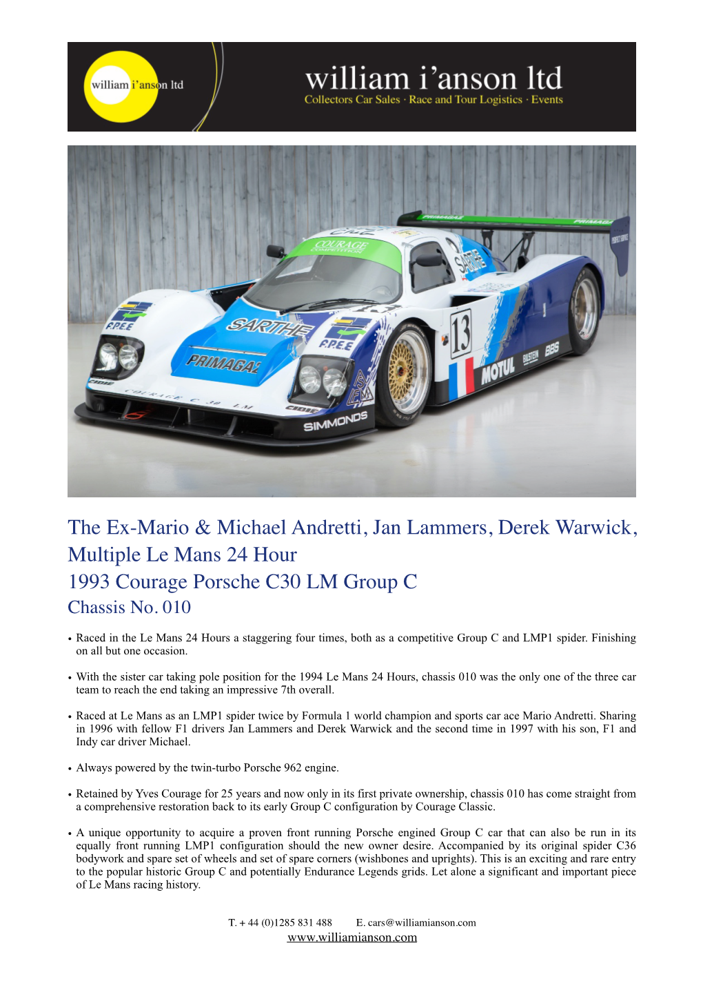 Courage Porsche C30 LM Group C Chassis No