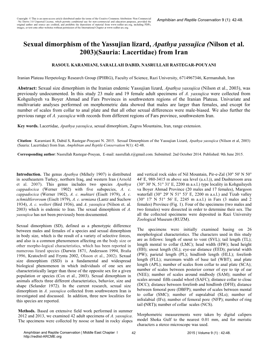 Sexual Dimorphism of the Yassujian Lizard, Apathya Yassujica (Nilson Et Al