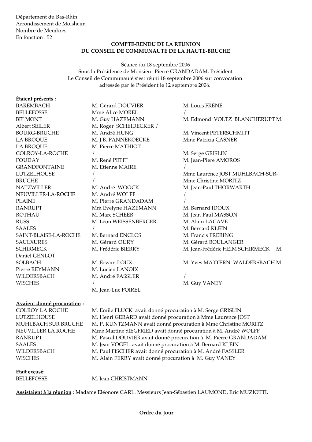 Département Du Bas-Rhin Arrondissement De Molsheim Nombre De Membres En Fonction : 52 COMPTE-RENDU DE LA REUNION DU CONSEIL DE COMMUNAUTE DE LA HAUTE-BRUCHE