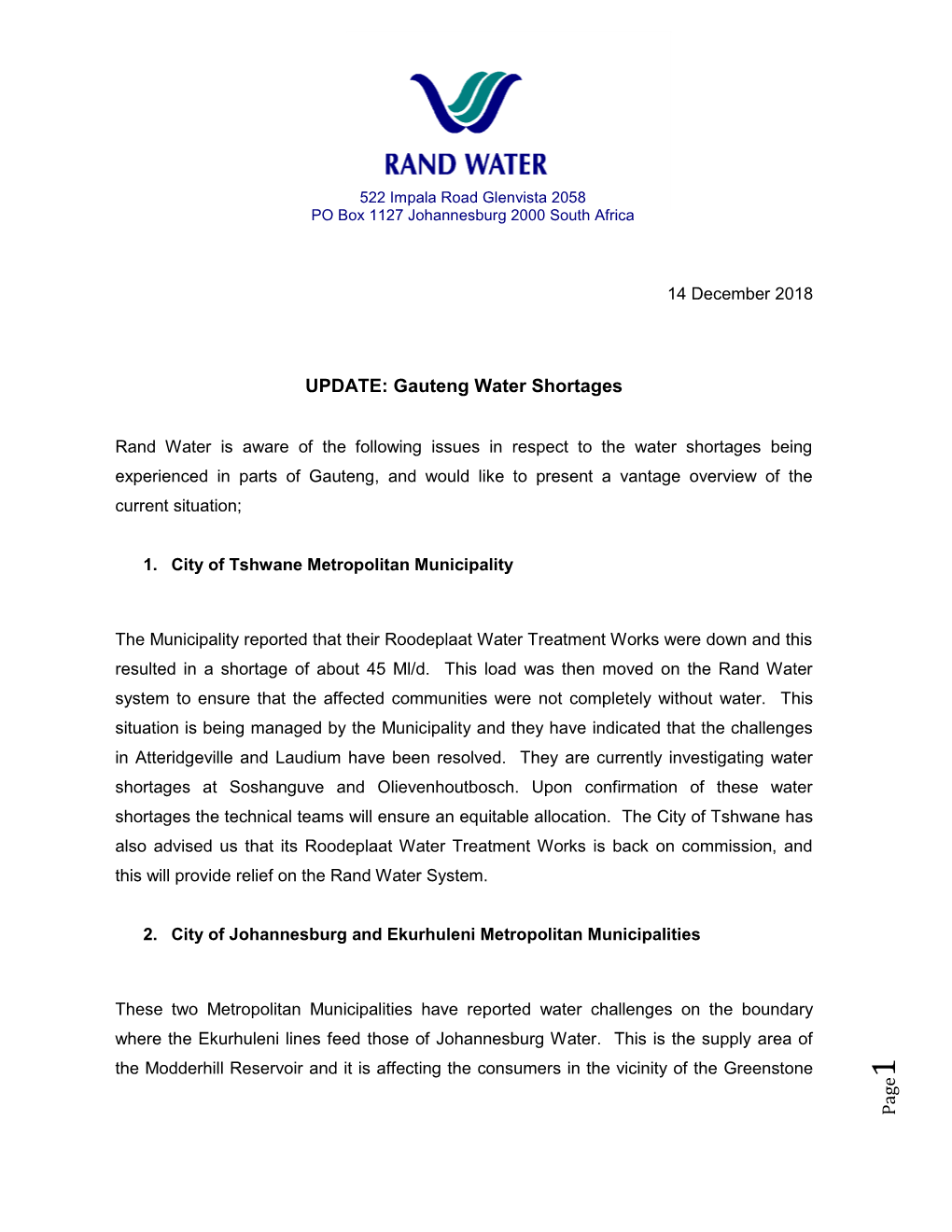 Page UPDATE: Gauteng Water Shortages