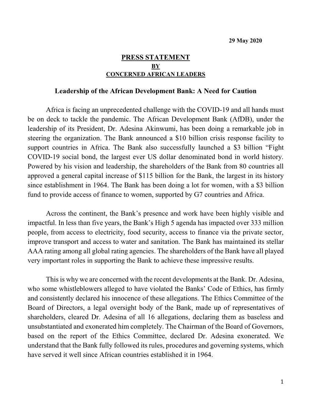 PRESS STATEMENT Leadership of the African Development Bank: A