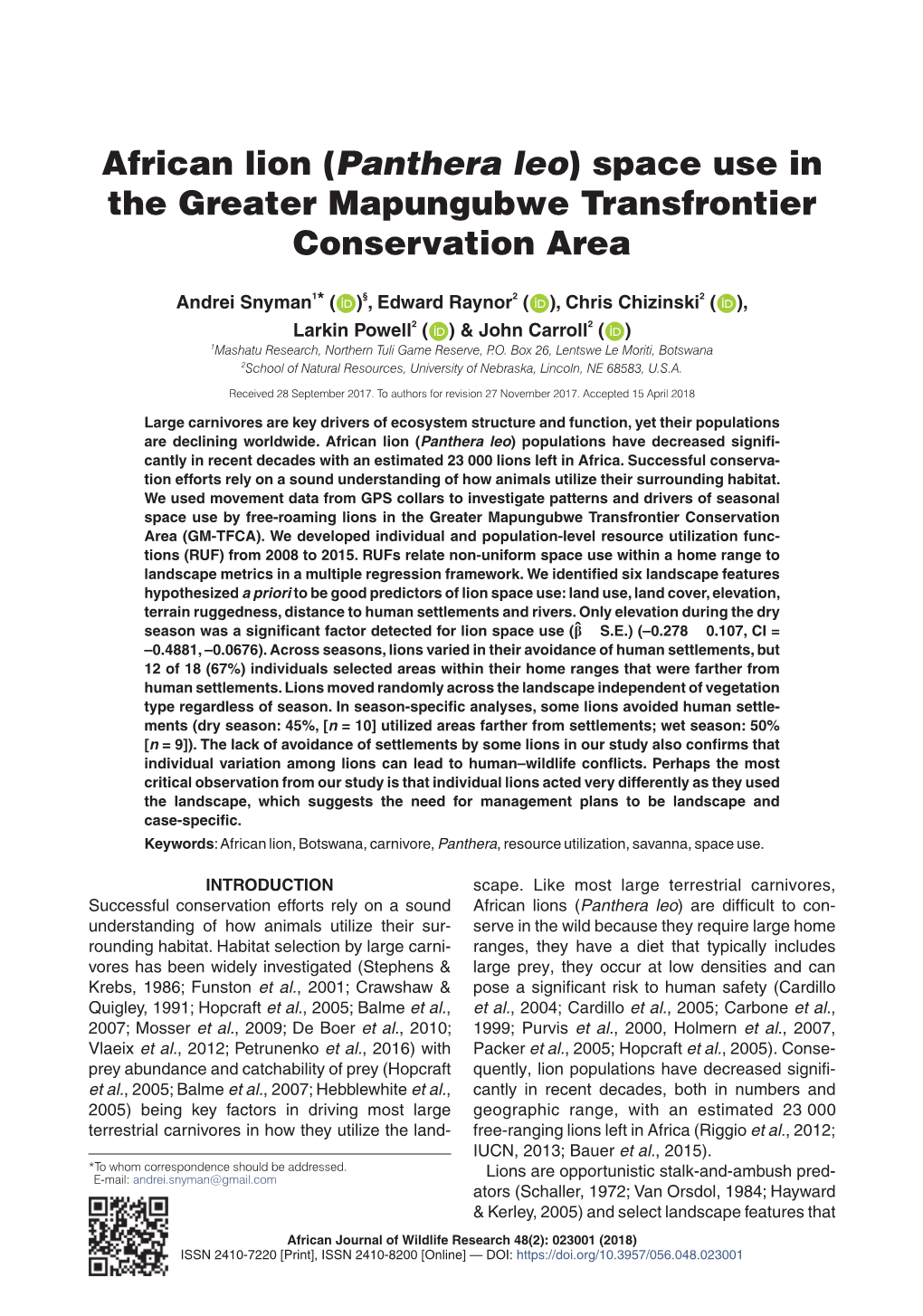 African Lion (Panthera Leo) Space Use in the Greater Mapungubwe Transfrontier Conservation Area