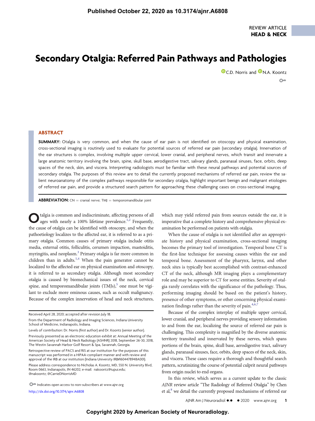 Secondary Otalgia: Referred Pain Pathways and Pathologies